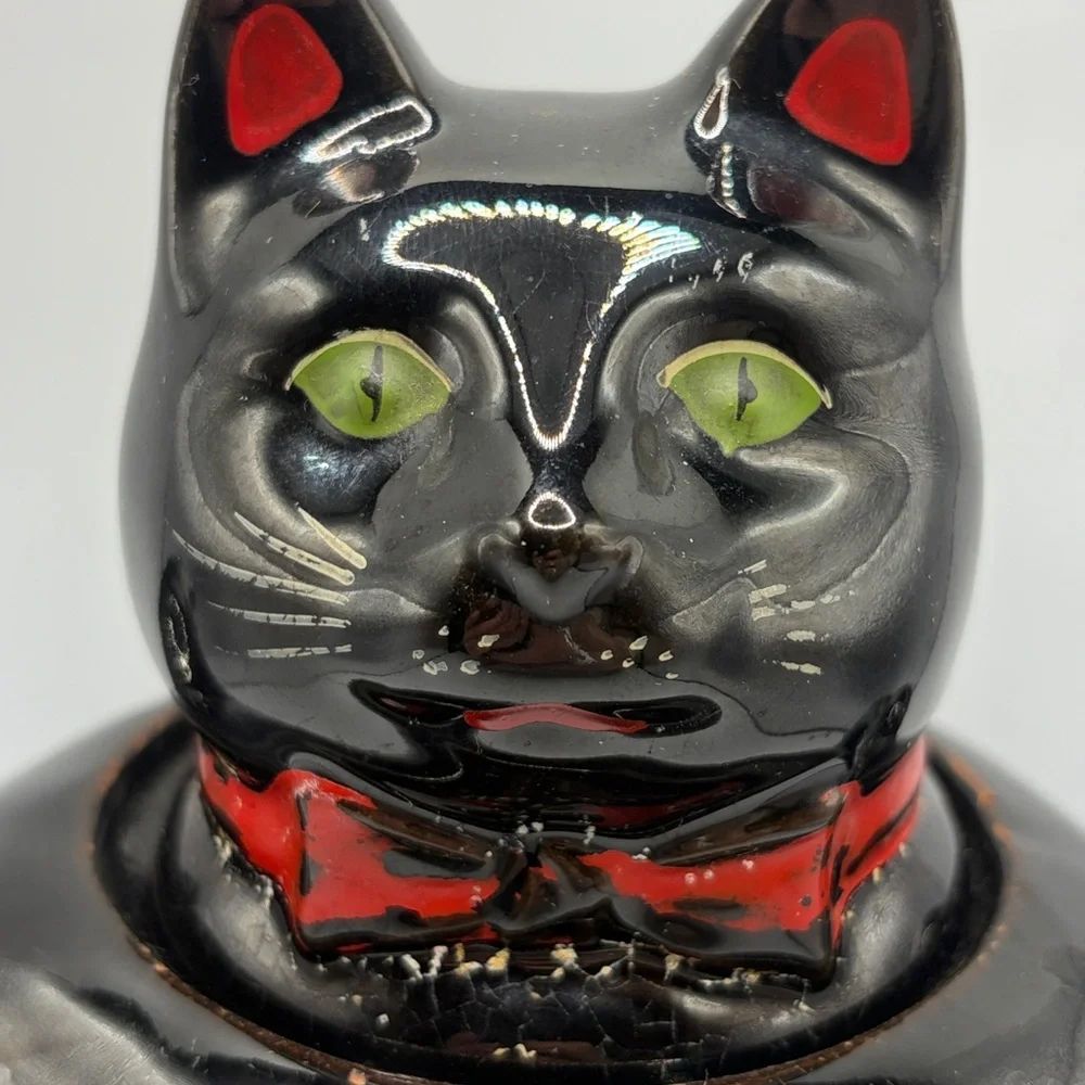Shafford Redware Vintage Hand Painted Black Cat Kitsch Pottery Teapot, Lidded